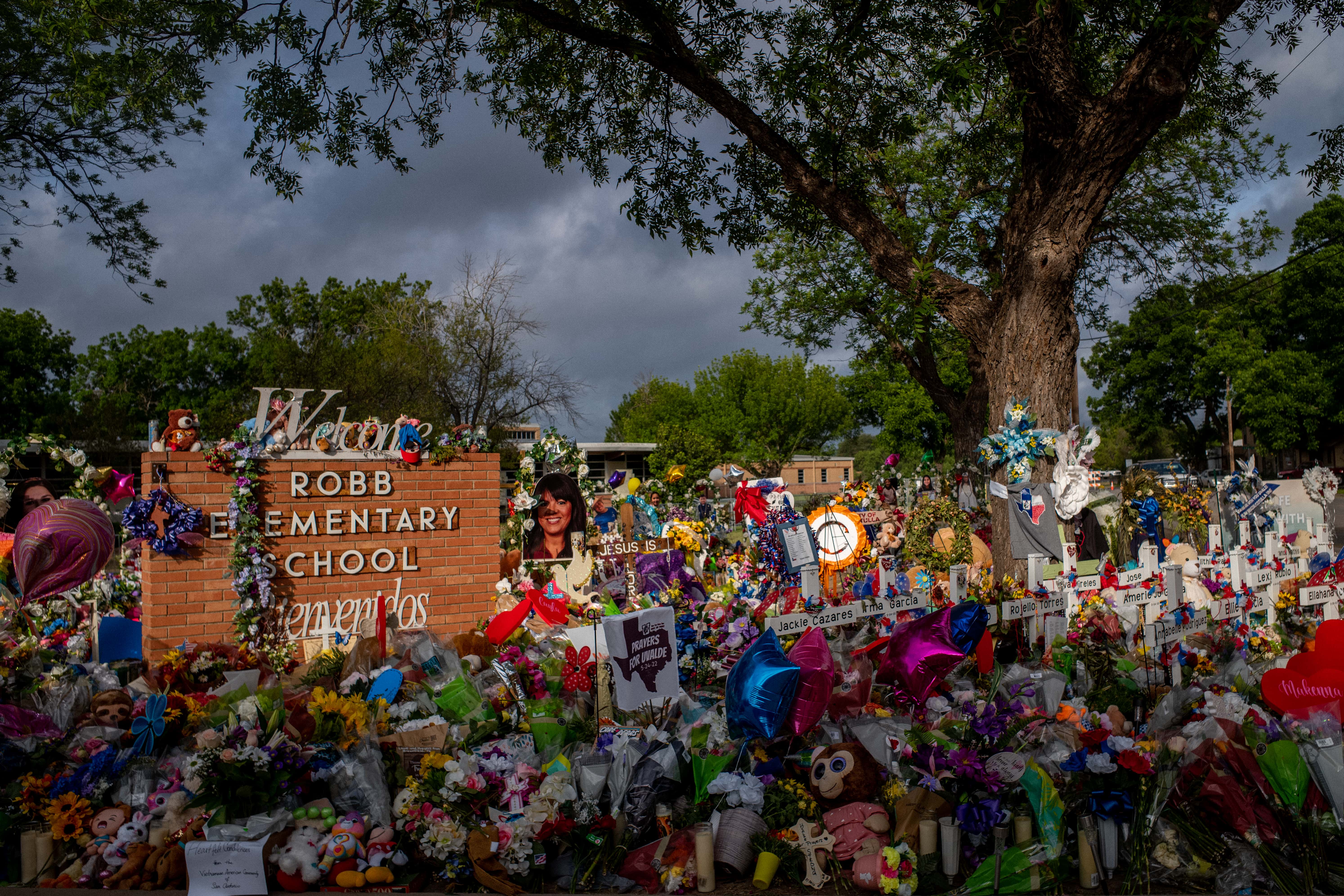 UVALDE, TEXAS - JUNE 01: A memorial dedicated to the 19 children and two adults killed on May 24th d
