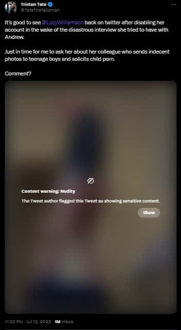 Tristan Tate's tweet addressing Lucy Williamson (tatethetalisman/Twitter)