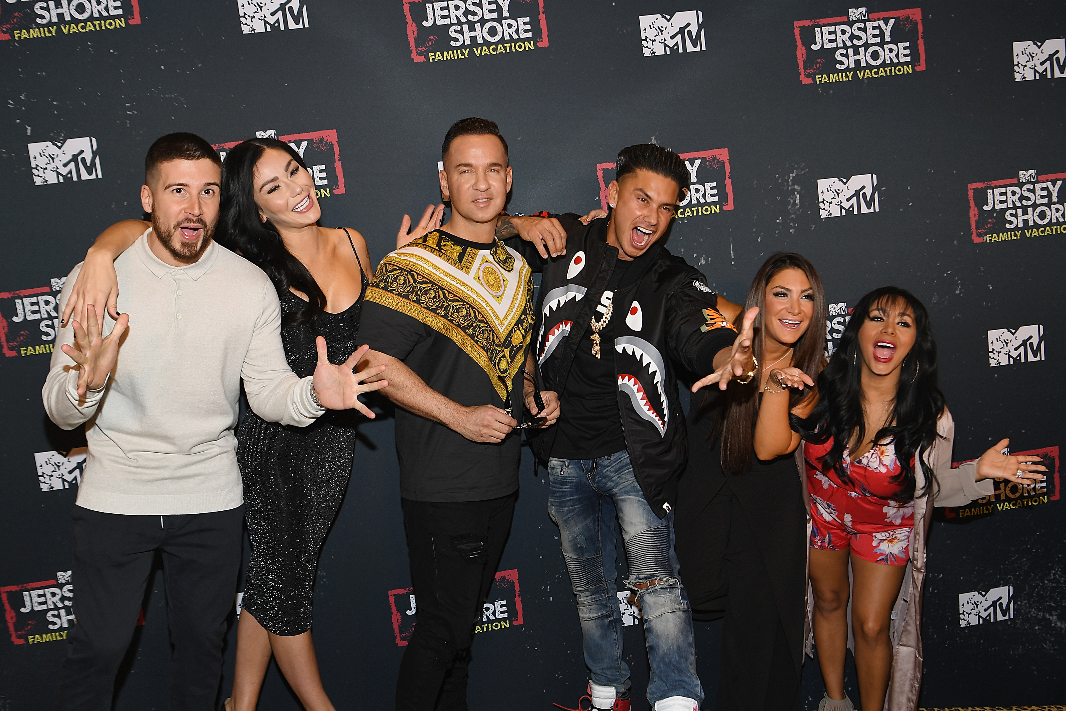  Television personalities Vinny Guadagnino, Jenni 'JWoww' Farley, Mike 'The Situation' Sorrentino, Paul 'Pauly D' DelVecchio, Deena Cortese, and Nicole 'Snooki' Polizzi attend MTV's 'Jersey Shore Family Vacation' New York premiere party (Getty Images)