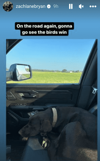 Bryan earlier Thursday took to Instagram with a shot of a rural setting in a vehicle with his dog in his front seat (@zachlanebryan/Instagram)