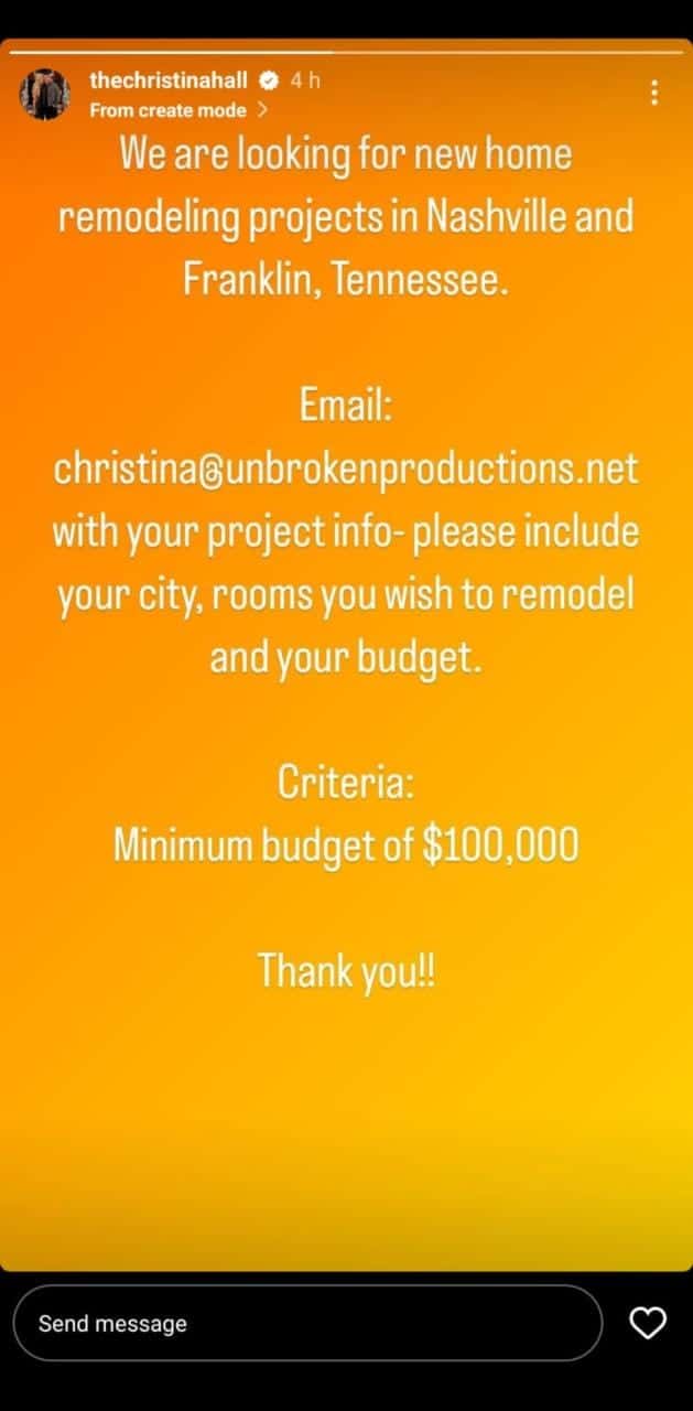 HGTV star Christina Hall seeks remodeling projects with a minimum budget of $100K (@thechristinahall/Instagram)