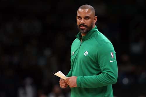 Boston Celtics head coach Ime Udoka directs his team during the Celtics home opener against the Toronto Raptors at TD Garden on October 22, 2021 in Boston, Massachusetts. NOTE TO USER: User expressly acknowledges and agrees that, by downloading and or using this photograph, User is consenting to the terms and conditions of the Getty Images License Agreement.