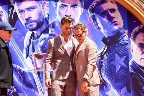 Chris Hemsworth and Robert Downey Jr. pose at the Marvel Studios' 'Avengers: Endgame' Cast Place Their Hand Prints In Cement At TCL Chinese Theatre IMAX Forecourt at TCL Chinese Theatre IMAX on April 23, 2019 in Hollywood, California.