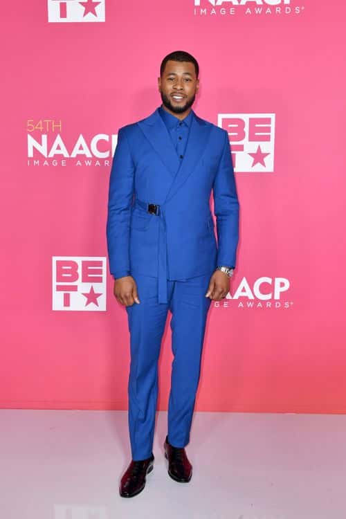 J. Alphonse Nicholson poses in the press room during the 54th NAACP Image Awards at Pasadena Civic Auditorium on February 25, 2023 in Pasadena, California.