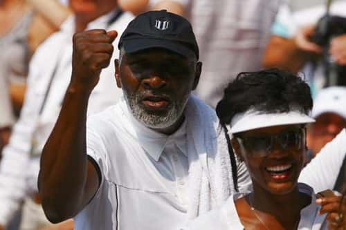 Richard Williams and Lakeisha Graham celebrate as Serena Williams of USA is victorious during the women's singles semi final match against Elena Dementieva of Russia on Day Ten of the Wimbledon Lawn Tennis Championships at the All England Lawn Tennis and Croquet Club on July 2, 2009 in London, England. (Photo by Julian Finney/Getty Images)