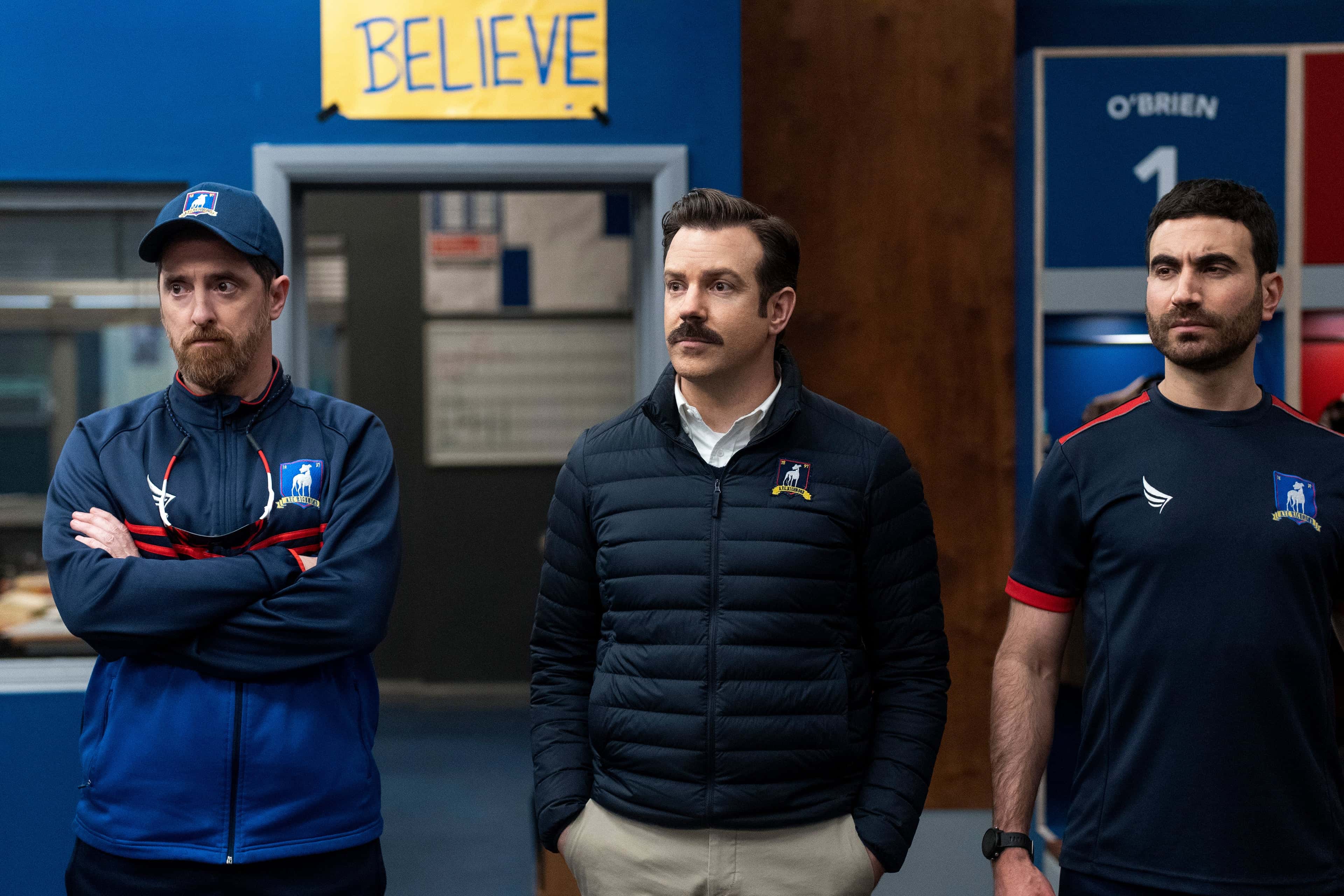 Brendan Hunt (Coach Beard), Jason Sudeikis (Ted Lasso), and Brett Goldstein (Roy Kent) in 'Ted Lasso' (Apple TV+)