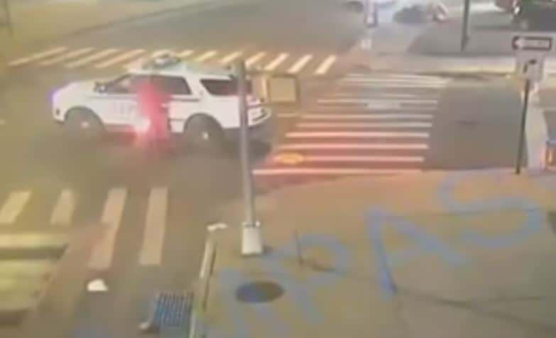 The speeding moped rammed into the NYPD vehicle (CBS New York screenshot/ YouTube)