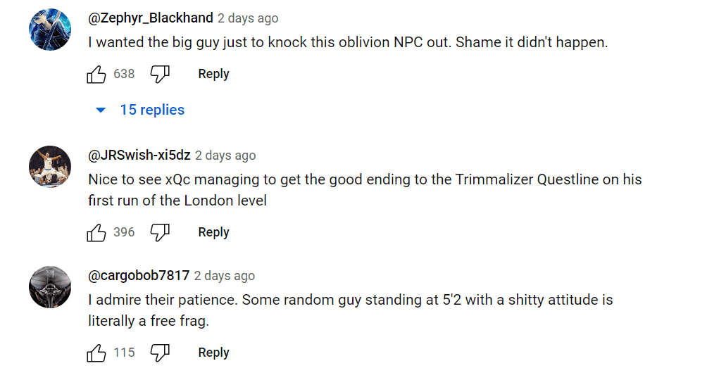 Some comments by fans on the viral video (xqc clips/YouTube)