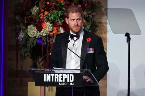 Prince Harry, Duke of Sussex speaks on stage as Intrepid Museum hosts Annual Salute To Freedom Gala on November 10, 2021 in New York City.