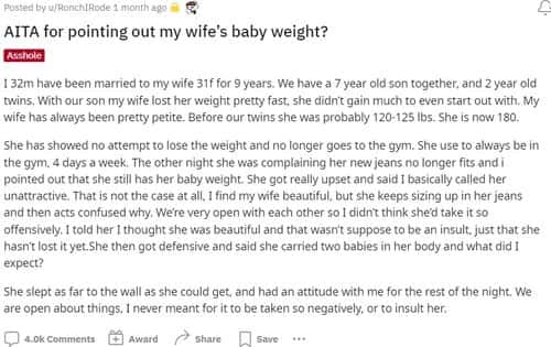 Internet mercilessly troll husband for complaining about wife's baby weight (Reddit)