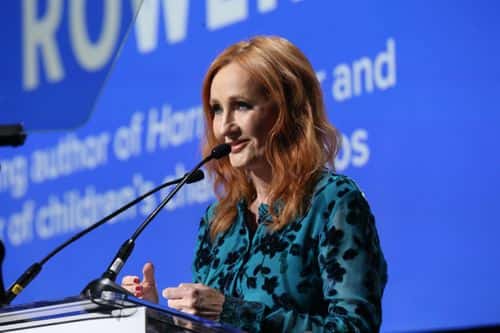 J.K. Rowling accepts an award onstage during the Robert F. Kennedy Human Rights Hosts 2019 Ripple Of Hope Gala & Auction In NYC on December 12, 2019 in New York City. (Photo by Bennett Raglin/Getty Images for for Robert F. Kennedy Human Rights)