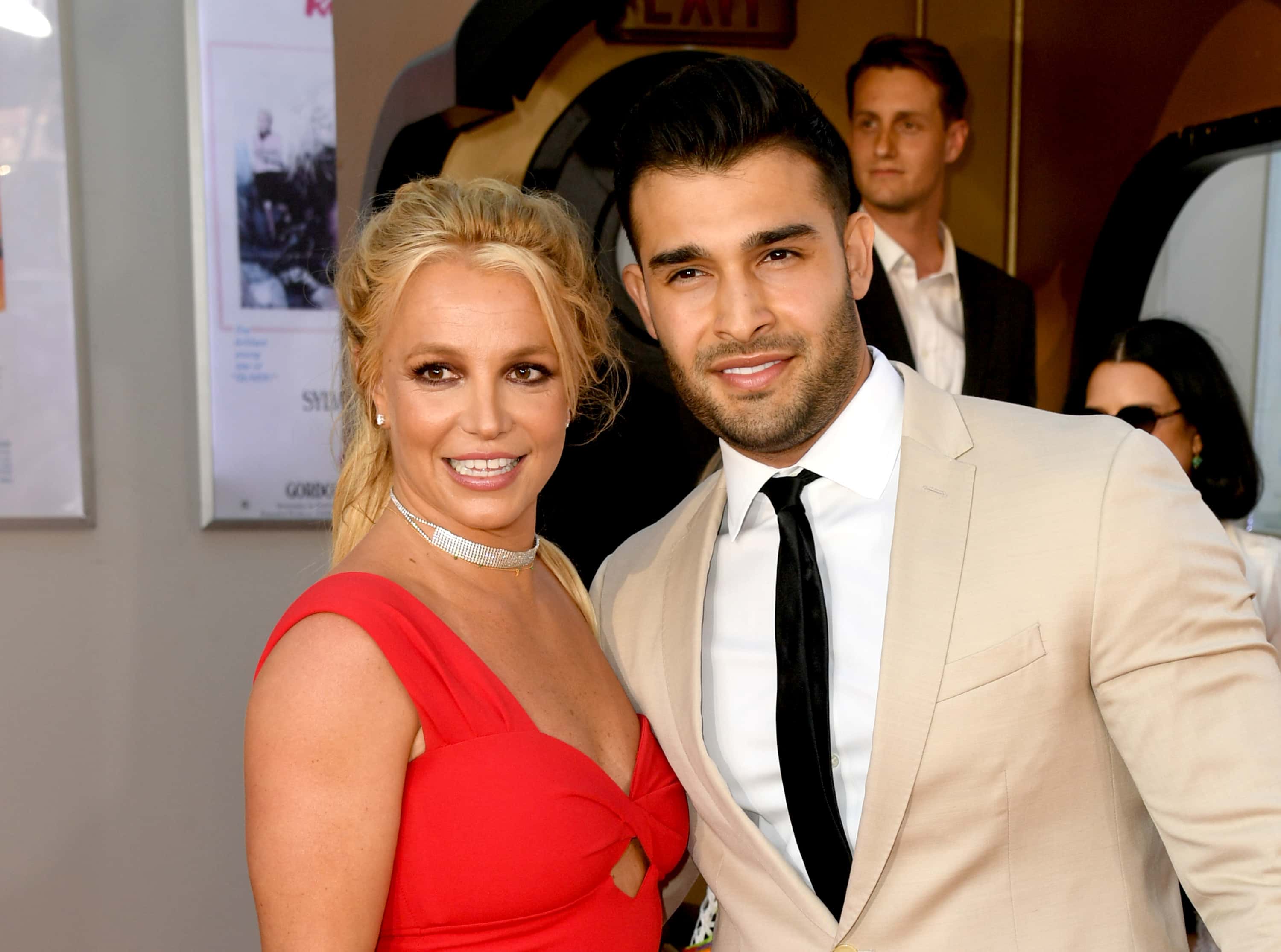 HOLLYWOOD, CALIFORNIA - JULY 22: Britney Spears (L) and Sam Asghari arrive at the premiere of Sony P