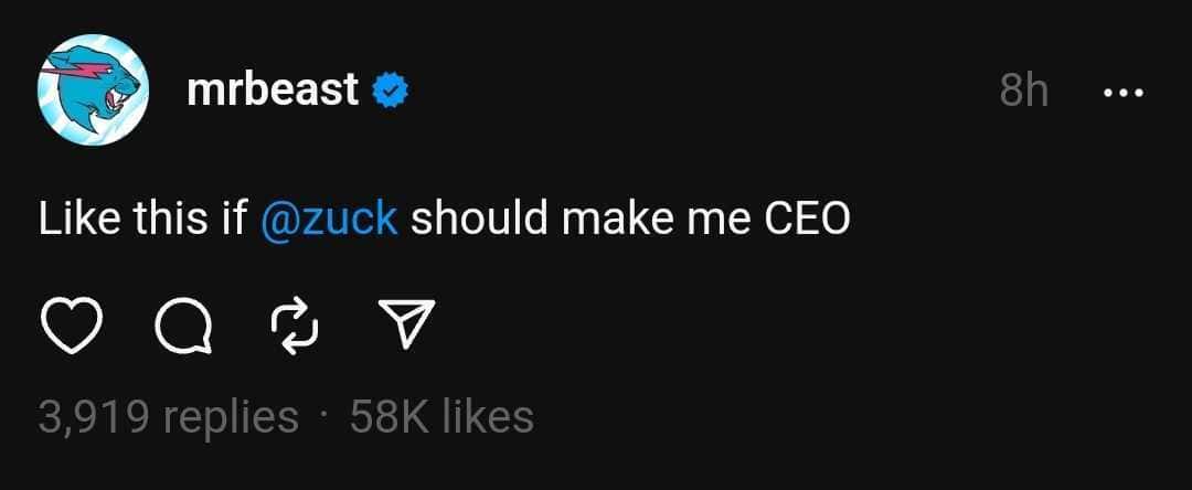 MrBeast's first post on Threads app (@mrbeast/Threads)