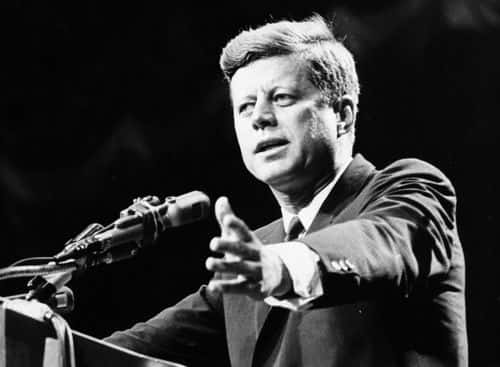 US statesman John F Kennedy, 35th president of the USA, making a speech.