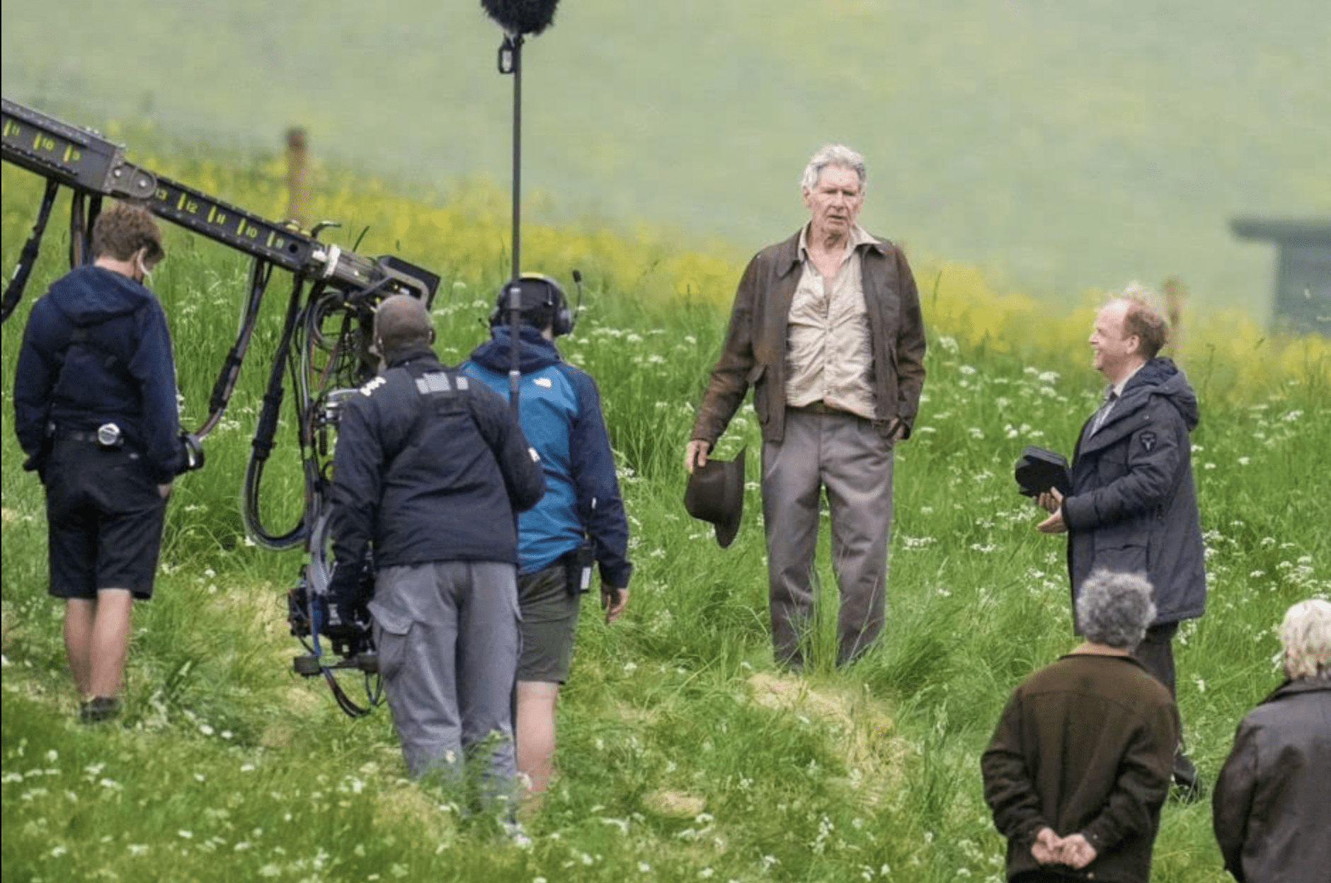 Set photos show Harrison Ford and Toby Jones on the set of 'Indiana Jones 5'. (Stuart Wallace//SIPA via IMDb)