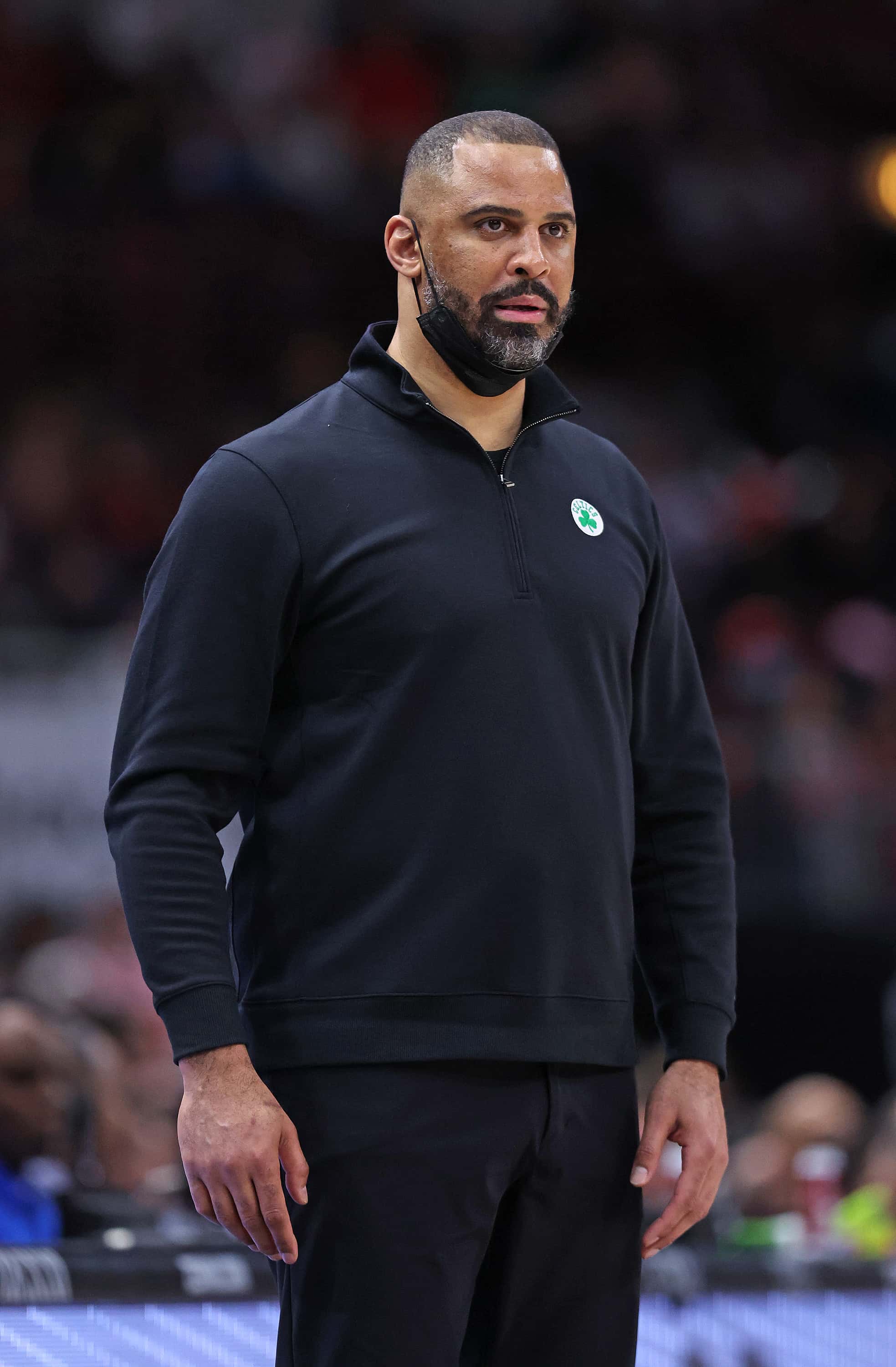 Head coach Ime Udoka of the Boston Celtics watches as his team takes on the Chicago Bulls at the United Center on April 06, 2022 in Chicago, Illinois. The Celtics defeated the Bulls 117-94. NOTE TO USER: User expressly acknowledges and agrees that, by downloading and or using this photograph, User is consenting to the terms and conditions of the Getty Images License Agreement.