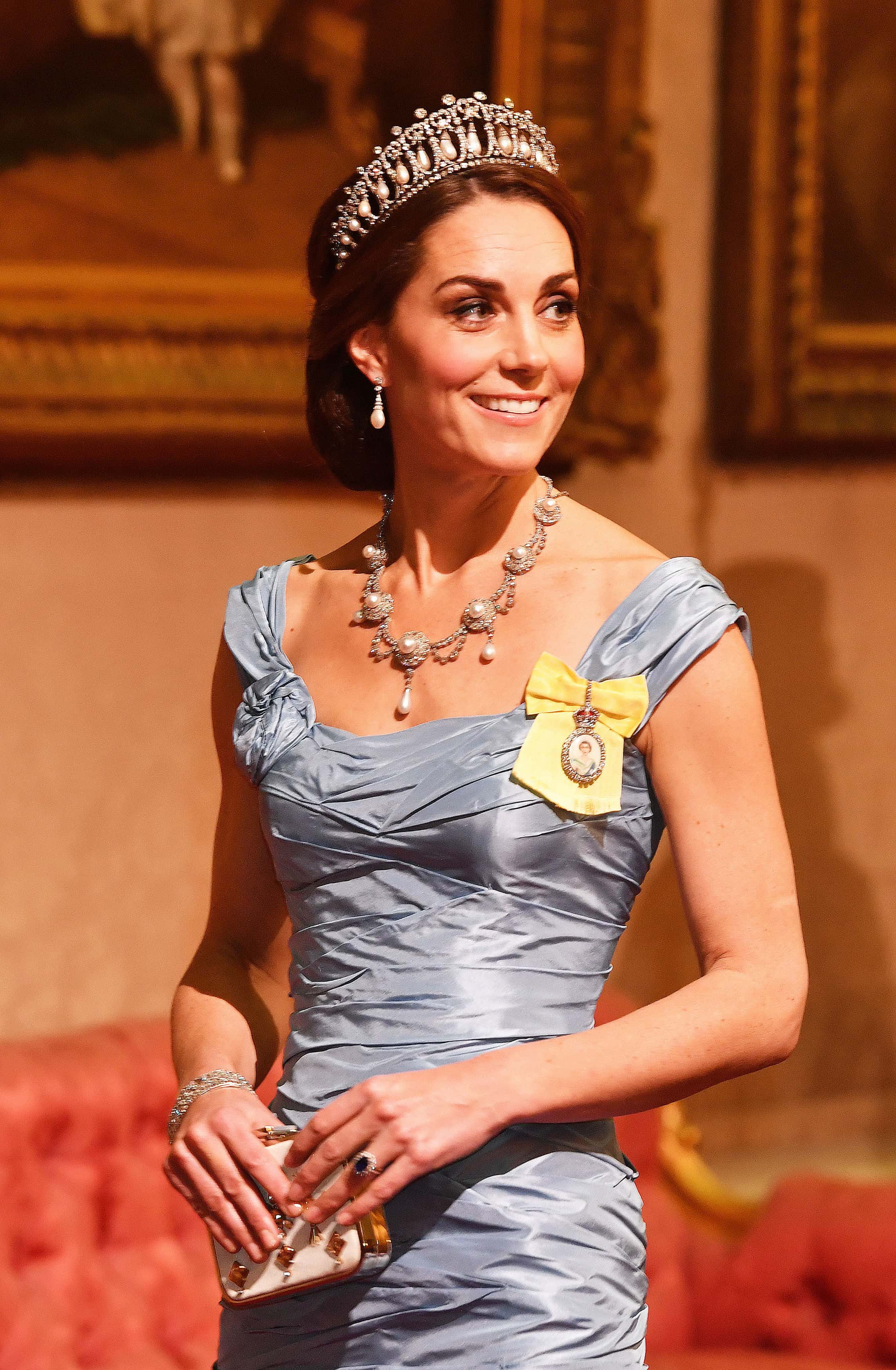 Catherine, Duchess of Cambridge  during a State Banquet at Buckingham Palace on October 23, 2018 in London, United Kingdom. King Willem-Alexander of the Netherlands accompanied by Queen Maxima are staying at Buckingham Palace during their two day stay in the UK. The last State Visit from the Netherlands was by Queen Beatrix and Prince Claus in 1982.
