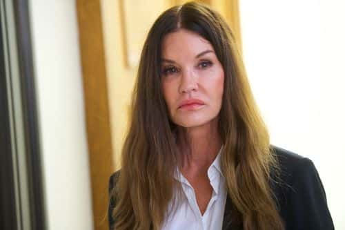 Bill Cosby accuser model Janice Dickinson, 63, walks through the Montgomery County Courthouse in a break from testifying on the fourth day of the sexual assault retrial on April 12, 2018 in Norristown, Pennsylvania.  A former Temple University employee alleges that the entertainer drugged and molested her in 2004 at his home in suburban Philadelphia.  More than 40 women have accused the 80 year old entertainer of sexual assault.