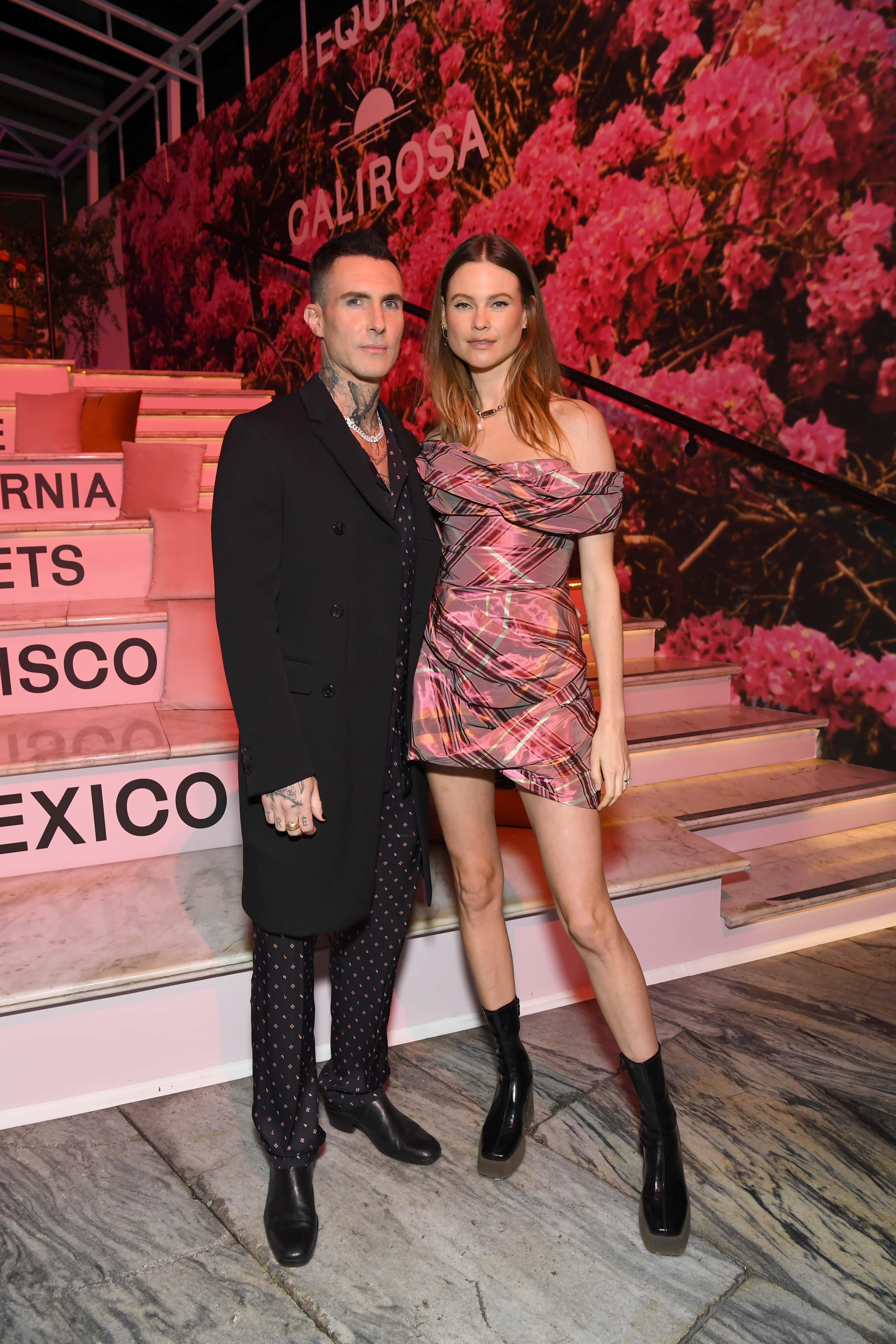 Co-founders, Adam Levine and Behati Prinsloo, host CALIROSA Tequila’s launch party at Ysabel in Los Angeles on November 18, 2021 in West Hollywood, California. CALIROSA is poised to redefine the spirits category with its unparalleled craftsmanship, uniquely smooth taste, and the blending of two time-honored beverage making processes - Jalisco's tequila craftsmanship and California winemaking - resulting in an award-winning line of red-wine barrel aged tequilas.