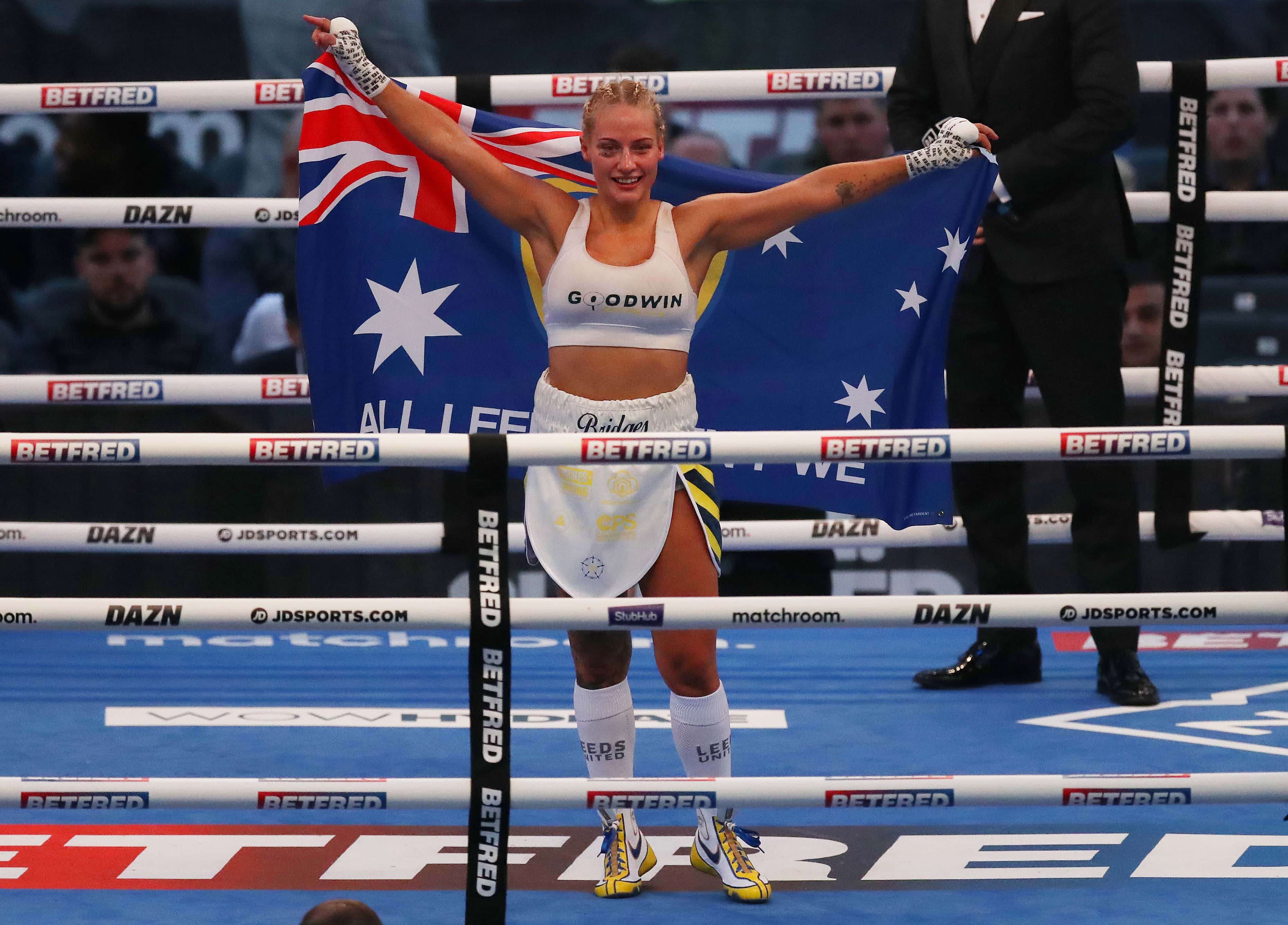 Ebanie Bridges celebrates victory after the Bantamweight fight between Ebanie Bridges and Mailys Gangloff at Emerald Headingley Stadium on September 04, 2021 in Leeds, England.