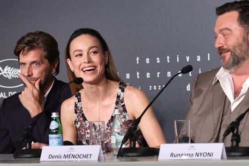 Jury President Ruben Östlund, and jury members Brie Larson and Denis Ménochet attend the jury press conference at the 76th annual Cannes film festival at Palais des Festivals on May 16, 2023 in Cannes, France.