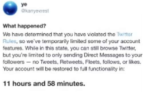 Kanye's account was initially locked out for 12 hours (Ye/ Twitter)