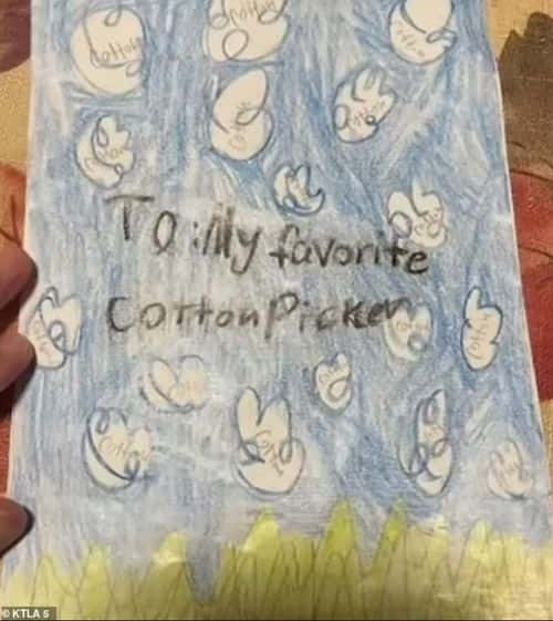 The words 'to my favorite&nbsp;cotton picker'&nbsp;are enclosed by a landscape with white cotton pieces floating in the air on one of the other cards (KTLA 5)