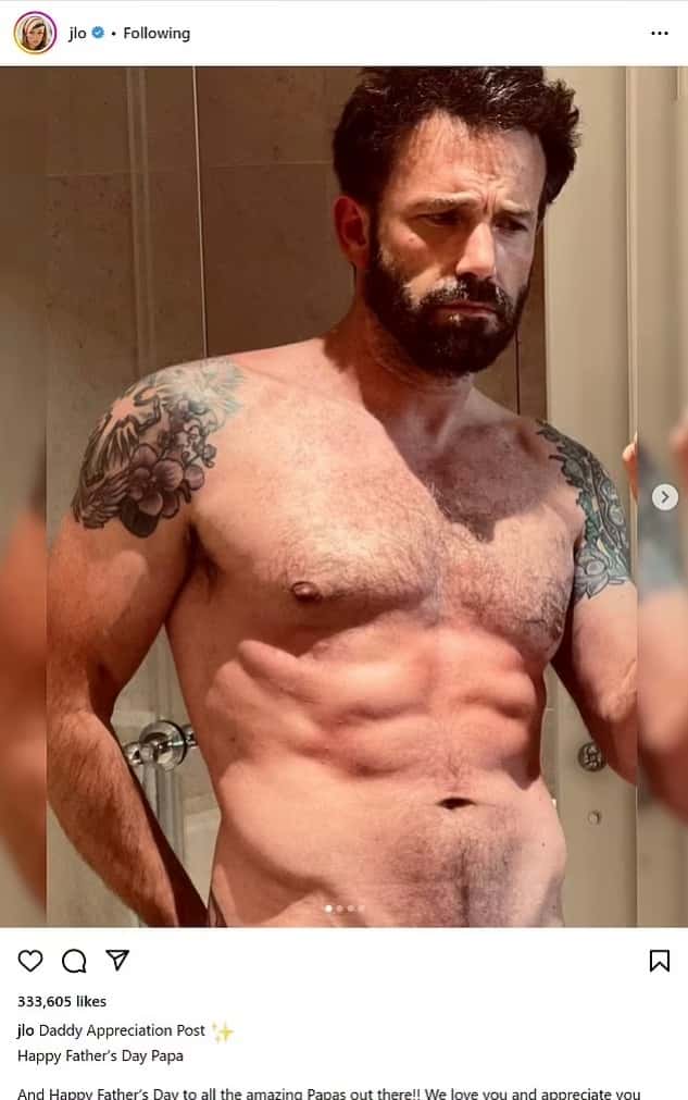 Jennifer Lopez. 53, uploaded a raunchy shirtless photo of her husband, Ben Affleck, 50, in celebration of Father's Day (jlo/Instagram)
