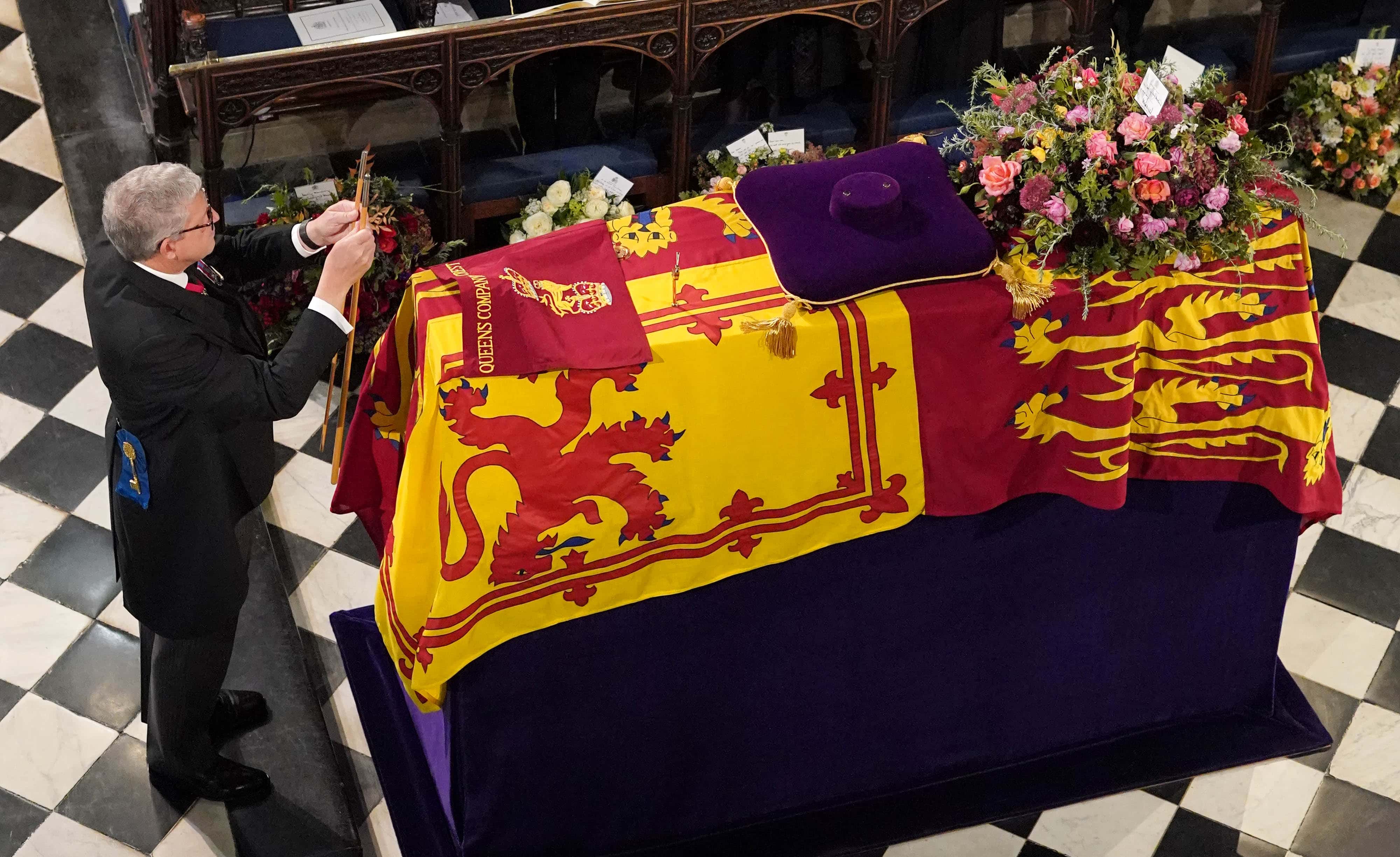 The Lord Chamberlain ceremonially breaks his wand of office on the coffin at the Committal Service for Queen Elizabeth II, held at St George's Chapel in Windsor Castle on September 19, 2022 in Windsor, England. The committal service at St George's Chapel, Windsor Castle, took place following the state funeral at Westminster Abbey. A private burial in The King George VI Memorial Chapel followed. Queen Elizabeth II died at Balmoral Castle in Scotland on September 8, 2022, and is succeeded by her eldest son, King Charles III.