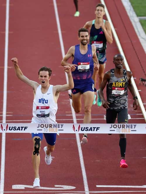Kenneth Rooks celebrates as he wins the Men's 3000m Steeplechase Final during the 2023 USATF Outdoor Championships at Hayward Field on July 08, 2023 in Eugene, Oregon.