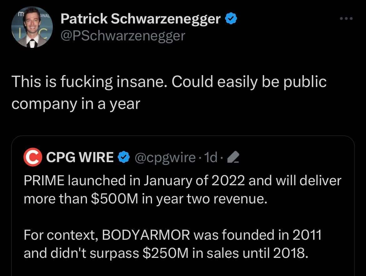 A screenshot of the tweet posted by Patrick Schwarzenegger (@PSchwarzenegger/X)