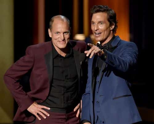 Actors Woody Harrelson (L) and Matthew McConaughey speak onstage at the 66th Annual Primetime Emmy Awards held at Nokia Theatre L.A. Live on August 25, 2014 in Los Angeles, California.