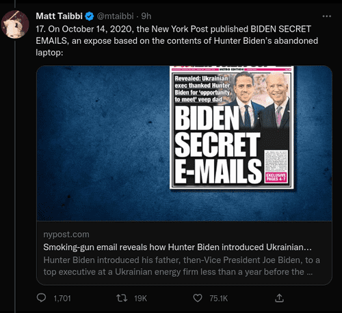 The 'smoking gun email' story from New York Post which exposed the contents of Hunter Biden's laptop. (@mtaibbi/Twitter)