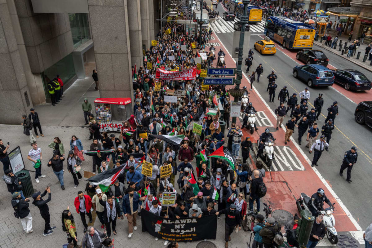 Demonstrators march in support of the Palestinian people on October 8, 2023 in New York City. (Photo by Adam Gray/Getty Images)
