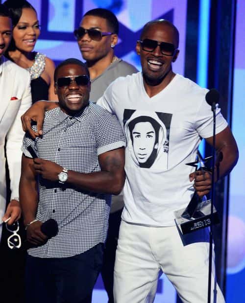 (L-R) Actors Nick Cannon, Kevin Hart, Nelly, and Jamie Foxx speak onstage during the 2013 BET Awards at Nokia Theatre L.A. Live on June 30, 2013 in Los Angeles, California.