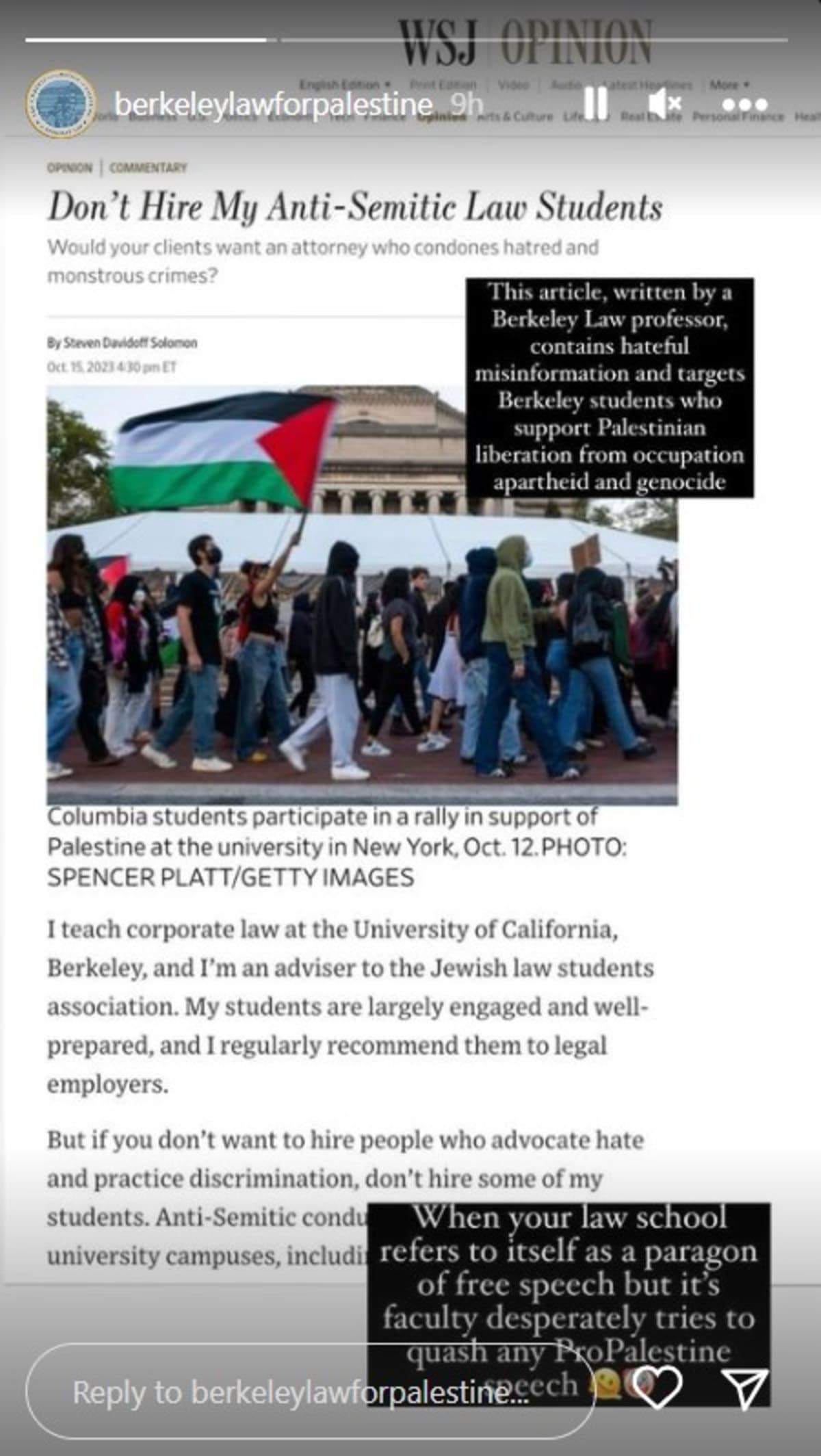 Berkeley LSJP's post (Instagtram/@berkeleylawforpalestine)