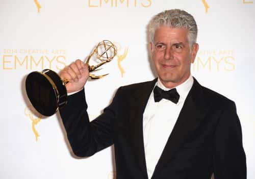 TV personality Anthony Bourdain poses in the press room during the 2014 Creative Arts Emmy Awards at Nokia Theatre L.A. Live on August 16, 2014 in Los Angeles, California.