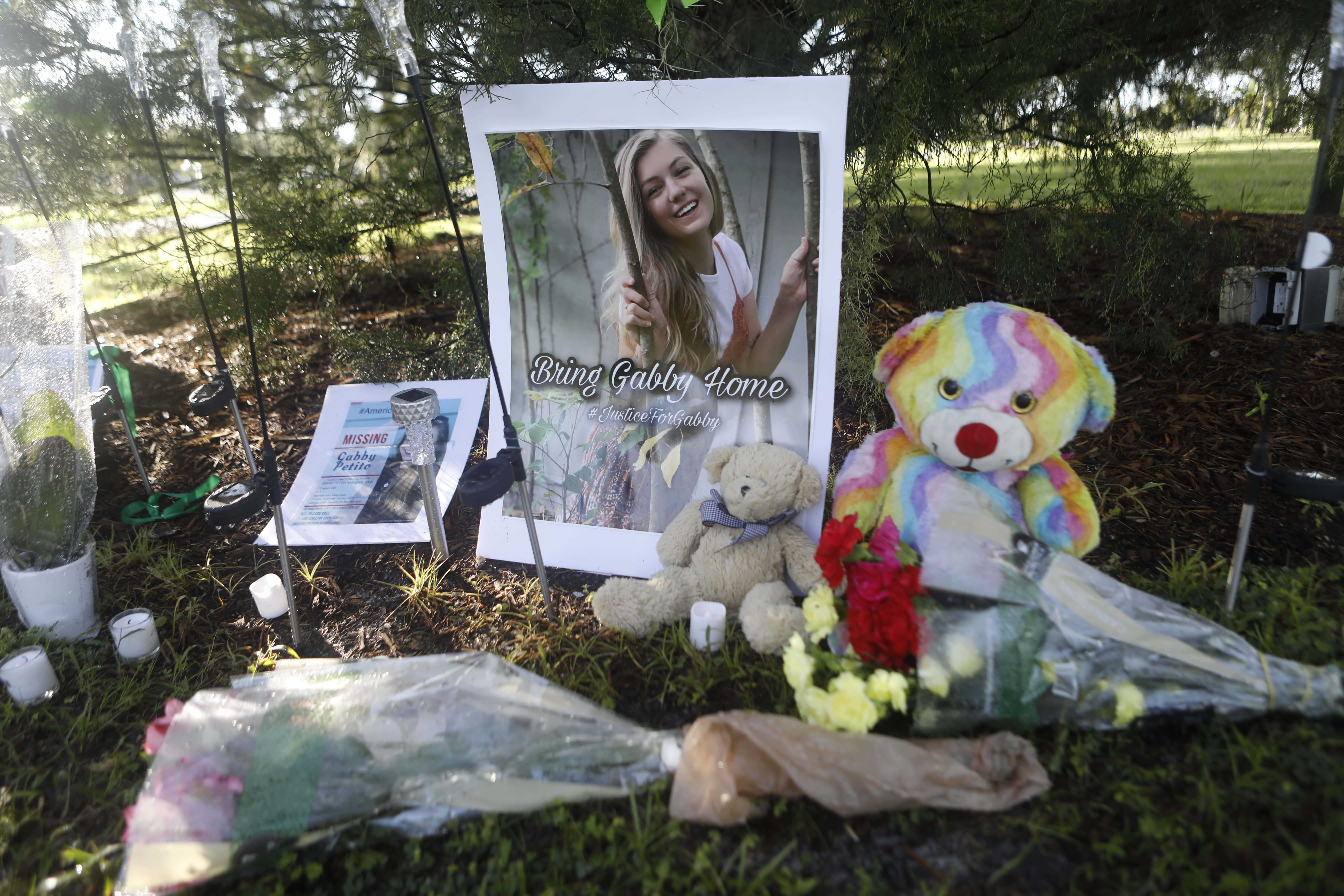 NORTH PORT, FL - SEPTEMBER 20: A makeshift memorial dedicated to missing woman Gabby Petito is located near City Hall on September 20, 2021 in North Port, Florida. A body has been found by authorities in Grand Teton National Park in Wyoming that fits the description of Petito, who went missing while on a cross-country trip with her boyfriend Brian Laundrie. (Photo by Octavio Jones/Getty Images)
