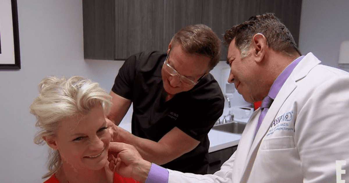 Dr Terry Dubrow and Dr Paul Nassif examining 'Botched' Season 8 patient, Jo Anna Bernal (E!Entertainment)