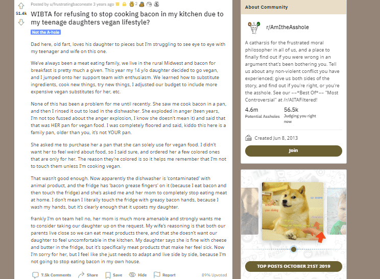 The original post of the father expressing his concerns with vegan daughter (Photo credit screenshot Reddit)