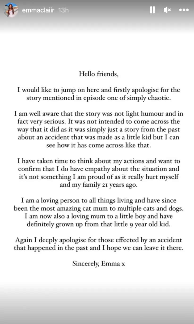 Claiir issues another statement apologising for joking about animal cruelty.  (Emma Claiir/Instagram)