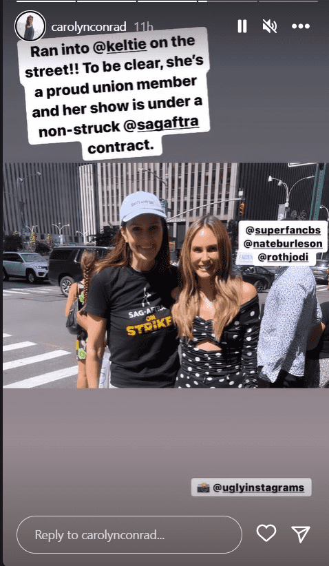 Story posted by Carolyn Conrad with Keltie Knight at the SAG-AFTRA picket line (@carolynconrad/Instagram)