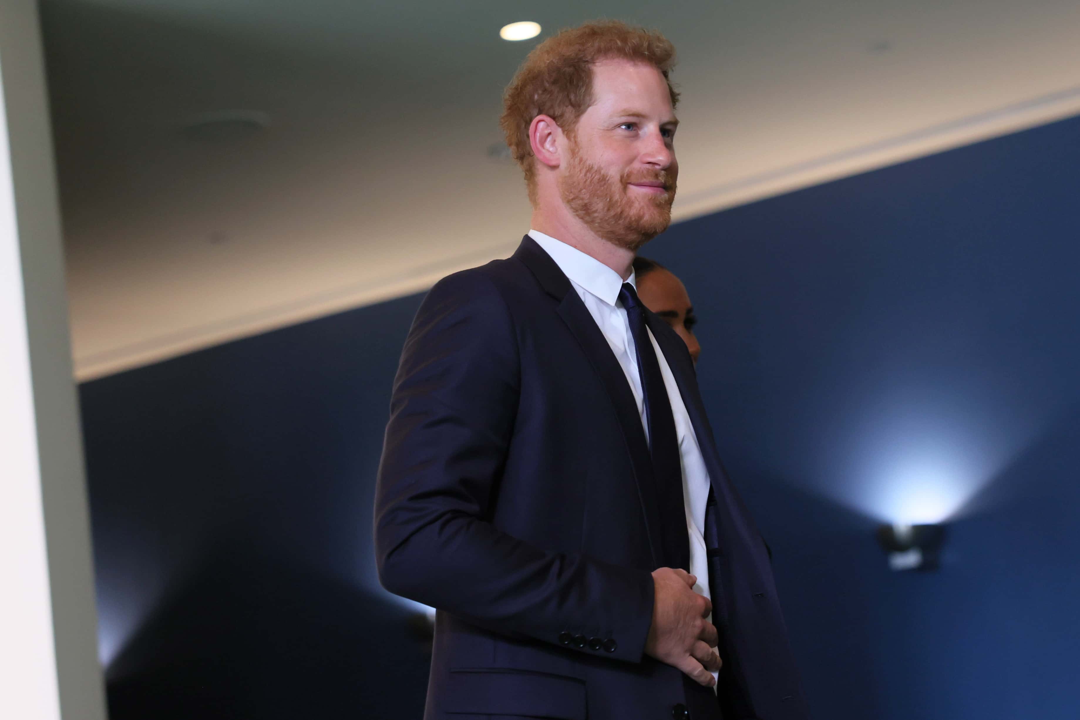 Prince Harry, Duke of Sussex and Meghan, Duchess of Sussex arrive at the United Nations Headquarters on July 18, 2022 in New York City. Prince Harry, Duke of Sussex is the keynote speaker during the United Nations General assembly to mark the observance of Nelson Mandela International Day where the 2020 U.N. Nelson Mandela Prize will be awarded to Mrs. Marianna Vardinogiannis of Greece and Dr. Morissanda Kouyaté of Guinea. (Photo by Michael M. Santiago/Getty Images)