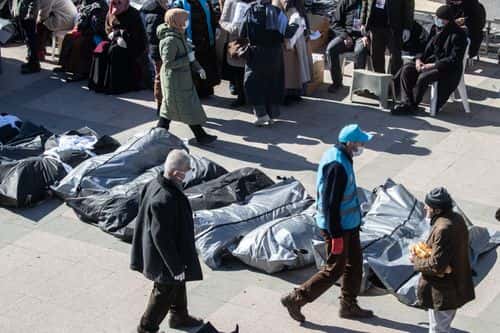 Dead bodies in bags lie on the floor in a cemetery morgue on February 09, 2023 in Hatay, Turkey. A 7.8-magnitude earthquake hit near Gaziantep, Turkey, in the early hours of Monday, followed by another 7.5-magnitude tremor just after midday. The quakes caused widespread destruction in southern Turkey and northern Syria and were felt in nearby countries.