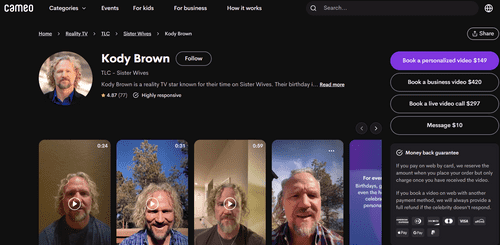 'Sister Wives' star Kody Brown's cameo account (Cameo/@kodywinnbrown)