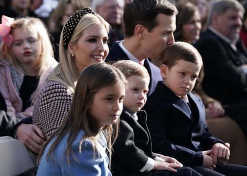 Clockwise from upper left, White House adviser and first daughter Ivanka Trump, her husband Jared Kushner, children Theodore Kushner, Joseph Kushner, Arabella Kushner attend a turkey pardoning event at the Rose Garden of the White House November 20, 2018 in Washington, DC. The two turkeys, Peas and Carrots, will spend the rest of their lives in a farm after the annual Thanksgiving presidential tradition today.