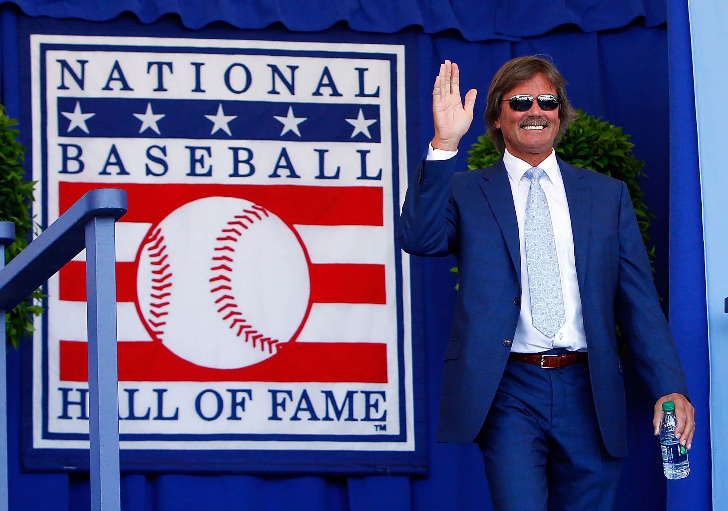 Hall of Famer Dennis Eckersley is introduced at Clark Sports Center during the Baseball Hall of Fame induction ceremony on July 24, 2016 in Cooperstown, New York.