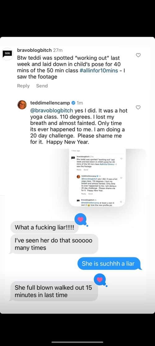 The chats with the source that claimed Teddi Mellencamp was sleeping in yoga class (Instagram/@bravoblogbitch)
