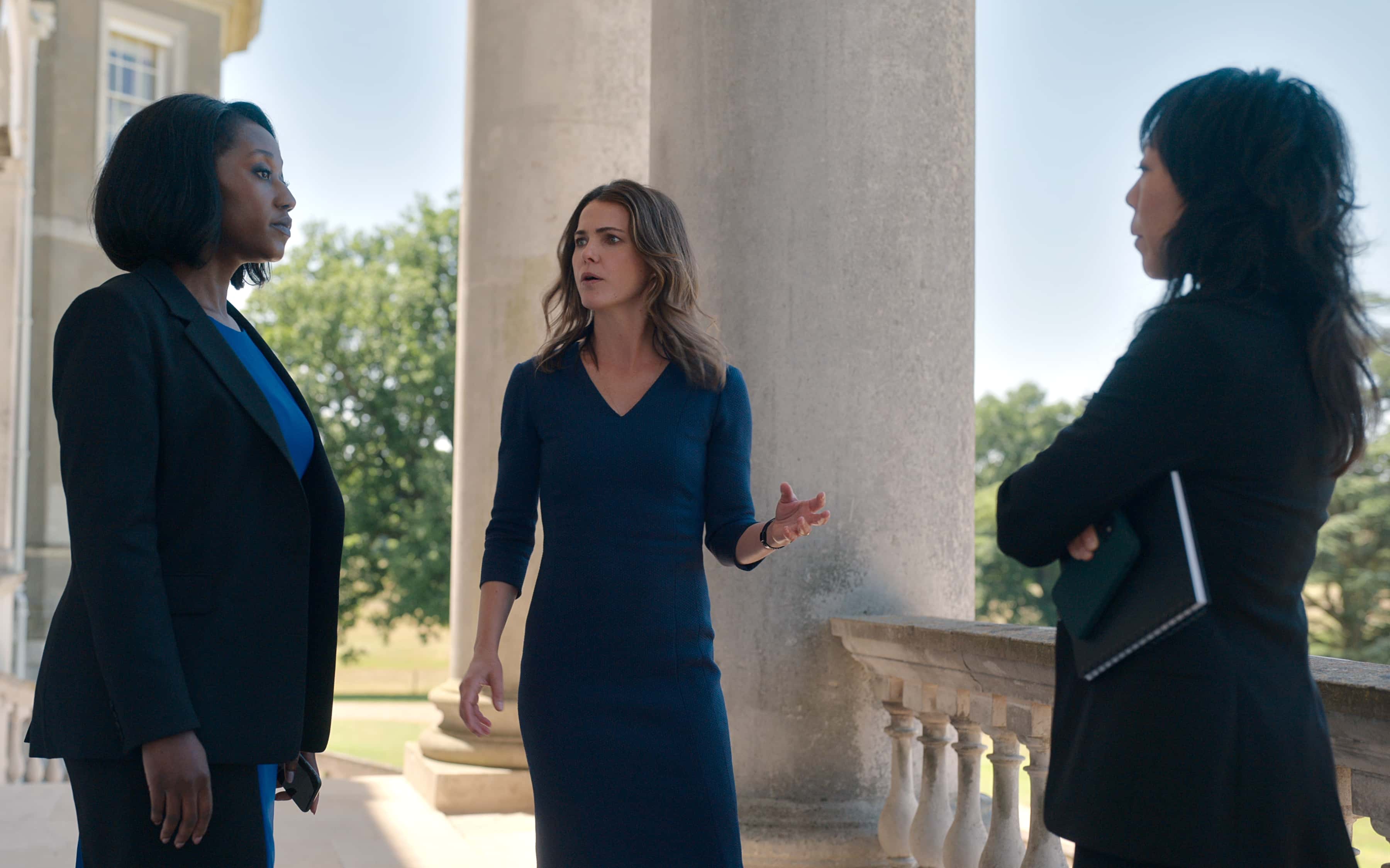 Nana Mensah as Billie Appiah, Keri Russell as Kate Wyler, Ali Ahn as Eidra Park in 'The Diplomat' (Netflix)