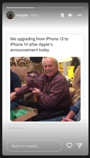 Steve Jobs' daughter Eve has mocked Apple's release of it's iPhone 14 by reposting a meme of a man buying the exact same shirt he was wearing (Photo via Eve Jobs/Instagram)